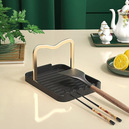Stainless Steel Pot Lid Holder-Kitchen Organizer & Utensil Storage Rack with Detachable Drain Tray, Non-Slip Anti-Rust Countertop Space Saver for Spoons, Spatulas,Ladles,Tongs (Black Gold) - Image 3