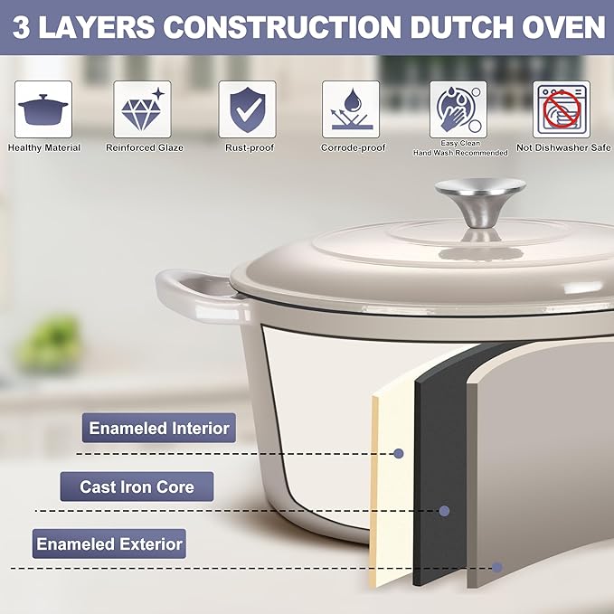 TeamFar Dutch Oven, 6QT Enameled Cast Iron Dutch Oven Cooking Pot with Lid & Dual Handles, for Bread Baking Braising Stewing, Heavy Duty & Non Stick, Oven & All Stovetops Safe - Khaki - Image 4
