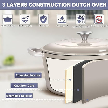TeamFar Dutch Oven, 6QT Enameled Cast Iron Dutch Oven Cooking Pot with Lid & Dual Handles, for Bread Baking Braising Stewing, Heavy Duty & Non Stick, Oven & All Stovetops Safe - Khaki - Image 4