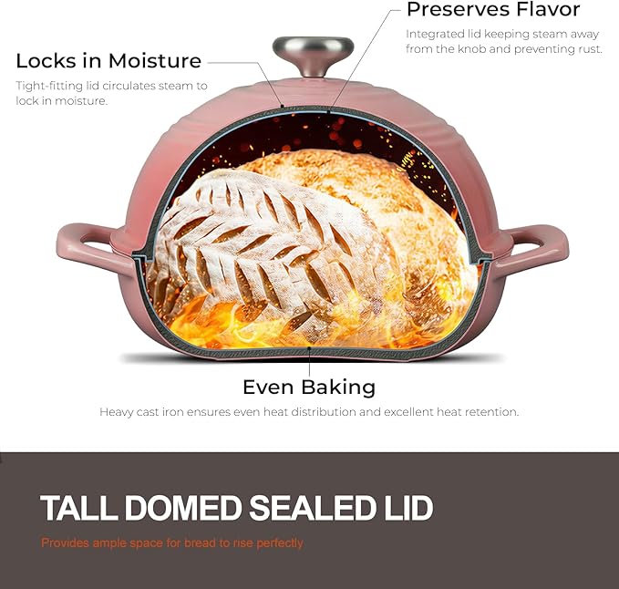 Overmont Enameled Cast Iron Bread Oven - 6QT Bread Dutch Oven for Sourdough Baking - Bread Pot with Dome Lid Cotton Potholders & Cookbook - Multi-Functional Bread Pan For Baking Frying Roasting - Image 4