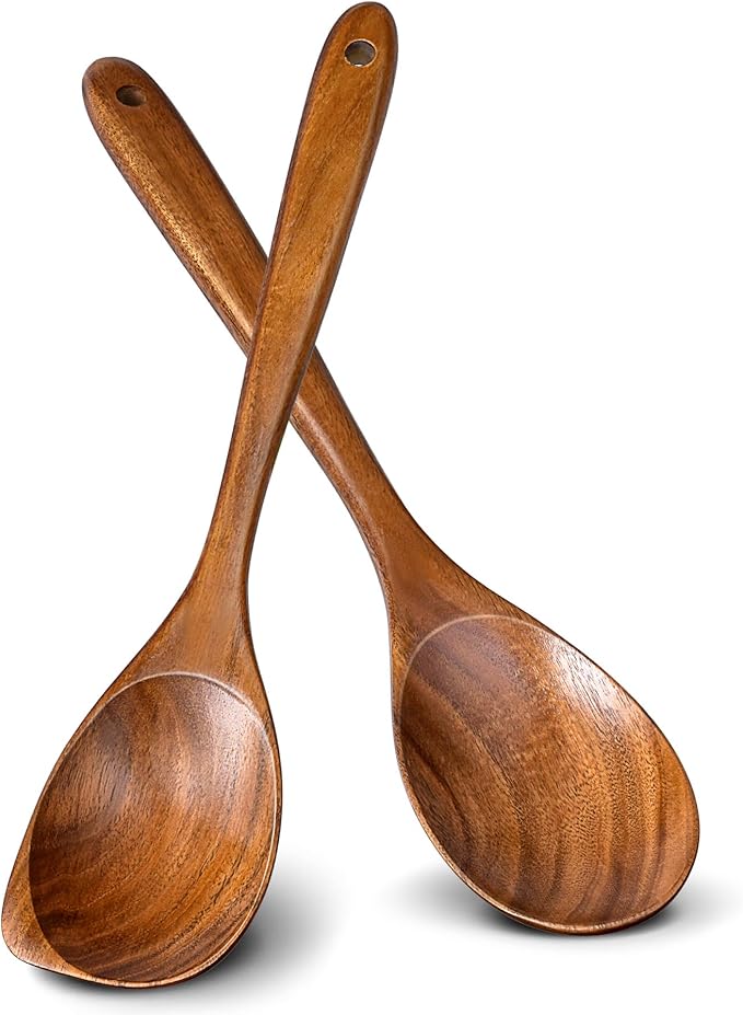 2Pcs Wooden Spoons for Cooking, Natural Premium Teak Wood Spoon & Corner Spoon, Good Grip Large Cooking Spoons Spatula, Heat Resistant Wooden Kitchen Cooking Utensils Set for Nonstick Cookware by Unknown
