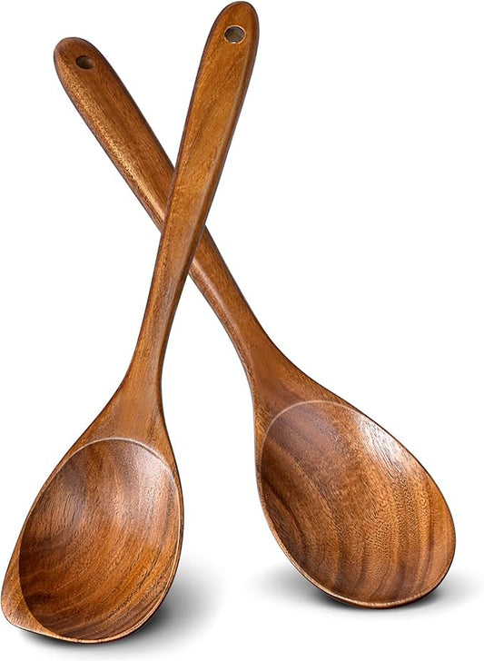 2Pcs Wooden Spoons for Cooking, Natural Premium Teak Wood Spoon & Corner Spoon, Good Grip Large Cooking Spoons Spatula, Heat Resistant Wooden Kitchen Cooking Utensils Set for Nonstick Cookware by Unknown