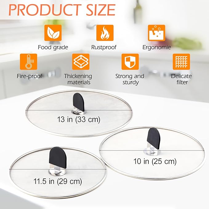 Snowyee Grease Splatter Guard, 3PCS Splatter Screen with Silicone Heat Resistant Handle and Stainless Steel Fine Mesh Design for Safe Indoor and Outdoor Cooking (13/11.5/10 inch and 33/29/25cm) - Image 2
