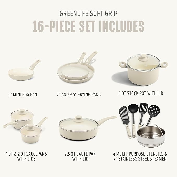 GreenLife Soft Grip 16 Piece Cookware Set, Non-Toxic PFAS-Free Ceramic Nonstick, Frying, Sauce, Saute, Utensils, Glass Lids, Stay-Cool Handles, Wobble Free, Dishwasher & Oven Safe, Cream - Image 4