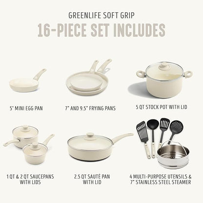 GreenLife Soft Grip 16 Piece Cookware Set, Non-Toxic PFAS-Free Ceramic Nonstick, Frying, Sauce, Saute, Utensils, Glass Lids, Stay-Cool Handles, Wobble Free, Dishwasher & Oven Safe, Cream - Image 4