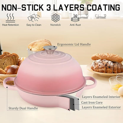 Enameled Cast Iron Bread Oven, Dutch Oven Pot with Lid, 10" Bread Dutch Oven for Sourdough Bread Baking, 6 Quarts Bread Pan with Dome Lid, Non-stick Cookware for Homemade Bread, Pink