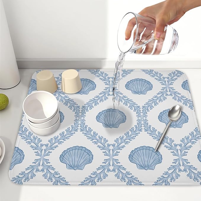 Summer Sea Shell Drying Mat 18x16 Inch, Light Blue Drying Mat with Absorbent Reversible Microfiber, Coastal Dish Drainer Mats Holiday Ocean Rack Pad for Coffee Countertop Kitchen Protector