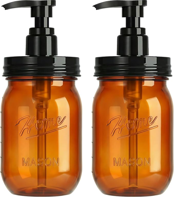 Amolliar Plastic Mason Jar Soap Dispenser with Pump Lid,16OZ Refillable Hand Soap Dispenser Set with Cute Lables - Farmhouse Decor for Kitchen Bathroom, Liquid Soap, Dish Soap, Lotion (2 Pack, Amber) by Amolliar