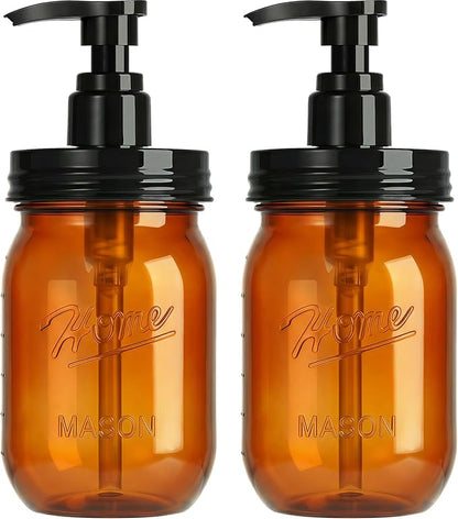Amolliar Plastic Mason Jar Soap Dispenser with Pump Lid,16OZ Refillable Hand Soap Dispenser Set with Cute Lables - Farmhouse Decor for Kitchen Bathroom, Liquid Soap, Dish Soap, Lotion (2 Pack, Amber) by Amolliar