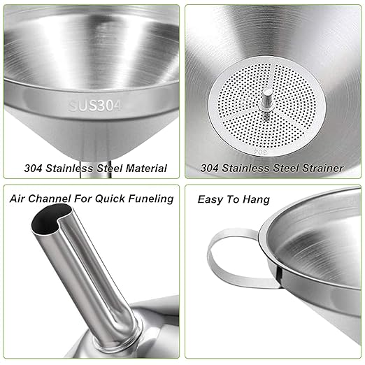 Stainless Steel Kitchen Funnel, 4.3-Inch Food Grade Metal Funnel with Strainer for Filling Bottles, Transferring Liquid, Oil, Juice, Milk - Image 4