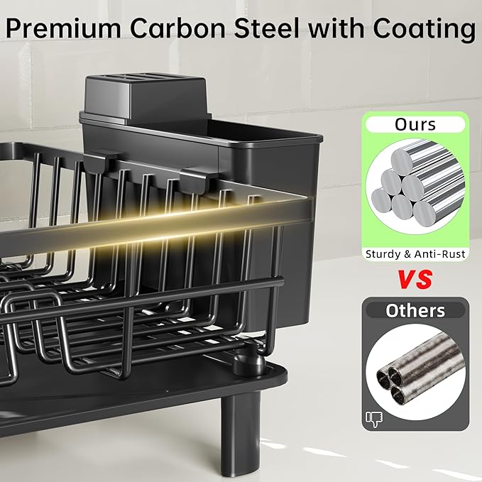 Dish Drying Rack, Dish Racks for Kitchen Counter, Detachable Dish Drainer with Drainboard, Utensil Holder, Cup Holder, Space Saving Kitchen Drying Rack for Small Home and Appartment, Black - Image 6
