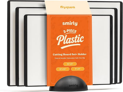 SMIRLY Plastic Cutting Board Set with Holder 3 Pieces, Non-Slip Dishwasher Safe Chopping Boards for Kitchen, Black & White by Smirly