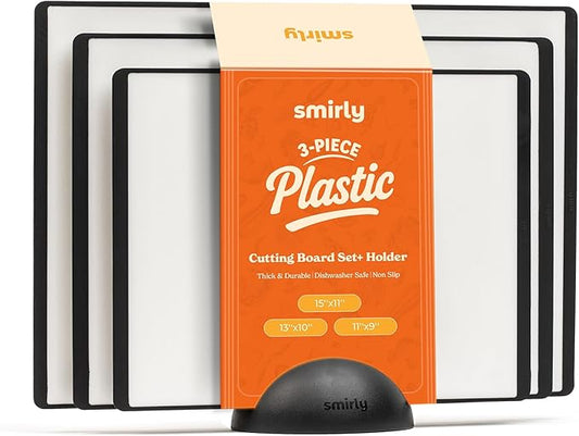 SMIRLY Plastic Cutting Board Set with Holder 3 Pieces, Non-Slip Dishwasher Safe Chopping Boards for Kitchen, Black & White by Smirly