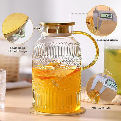 2 Pack Vintage Glass Pitchers with Lid, 68oz/ 2 Liter Glass Water Pitcher with Handle and Lid for Fridge, Iced Tea, Coffee, Borosilicate Glass Carafe for Hot/Cold Brew Drink