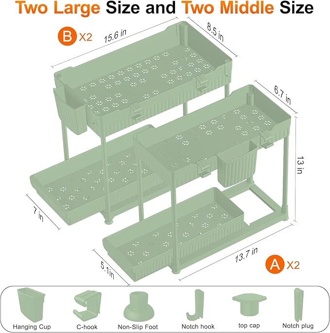 Sevenblue Under Sink Organizer, Bathroom Organizers and Storage, 2 Tier Multi-Use Pull Out Cabinet Organizer with Hang Hooks and Cups (Green, 4 Pack) - Image 6