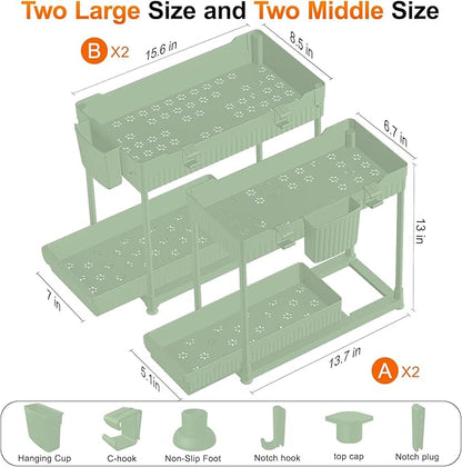 Sevenblue Under Sink Organizer, Bathroom Organizers and Storage, 2 Tier Multi-Use Pull Out Cabinet Organizer with Hang Hooks and Cups (Green, 4 Pack) - Image 6
