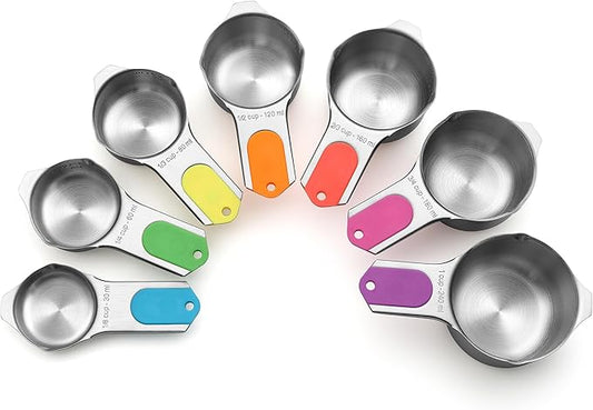 Spring Chef Magnetic Stainless Steel Measuring Cups, Patented, Kitchen Tools with Easy to Read Markings for Measuring Dry or Liquid Ingredients, Set of 7, Neon by SpringChef