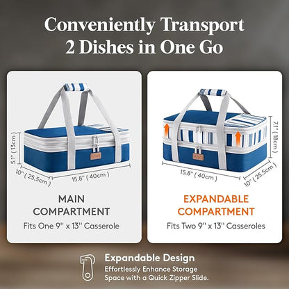 Lifewit Insulated Double Decker Casserole Carrier, Expandable Lasagna Lugger Tote Bag for Hot or Cold Food, Fits 9" x 13" Baking Dish for Potluck Parties, Picnic and Cookouts, Blue