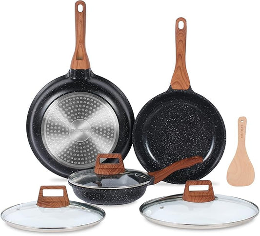 ESLITE LIFE Nonstick Ceramic Frying Pans Skillets Set with Lids, Non-Toxic Egg Omelette Kitchen Cooking Pans Compatible with All Stovetops (Gas, Electric & Induction), PTFE & PFOA Free (Black) by ESLITELIFE