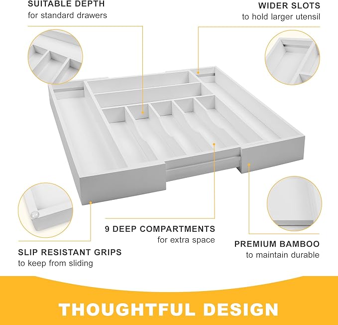 Large Premium Bamboo Silverware Organizer - Expandable Drawer Organizer & Utensil Organizer - 17"x19.7" Cutlery Tray with Dividers for Kitchen Utensils and Flatware (7-9 Slots) (White) - Image 5