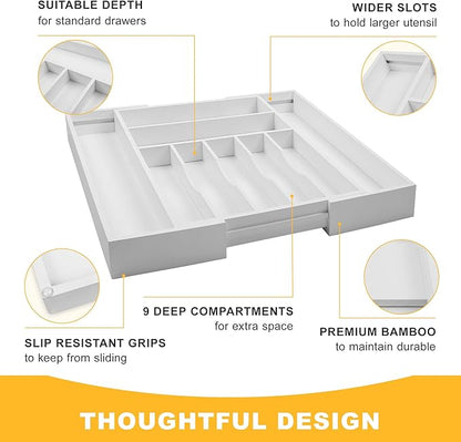 Large Premium Bamboo Silverware Organizer - Expandable Drawer Organizer & Utensil Organizer - 17"x19.7" Cutlery Tray with Dividers for Kitchen Utensils and Flatware (7-9 Slots) (White) - Image 5