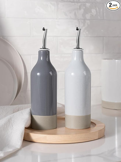 famiware Milkyway 16oz Ceramic Olive Oil Dispenser Bottle, Olive Oil and Vinegar Dispenser Bottle Set of 2 with Stainless Steel Pourers, Suitable for Storage Vinegar, Liquids, Light Gray and Dark Gray