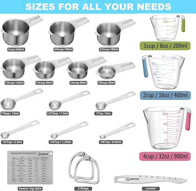 AIKEXIN 20-Piece Measuring Cups and Spoons Set, Nesting Stainless Steel Measuring Cups Spoons with Plastic Measuring Cup for Dry and Liquid Ingredients, Kitchen Cooking & Baking Gadgets - Image 9