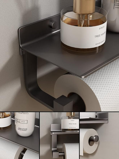 Paper Towel Holder Wall Mount - for Bathroom Hand Towel Holder for Bathroom Black Paper Towel Holder with Shelf Grey