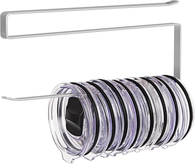 Tumbler Lid Organizer, Horizontal Tumbler Lid Storage Hook Up to 10 Lids, Space Saving Cup Lid Holders Under Cabinet Tumbler Lid Hook for Kitchen Organizer and Storage, Paper Towel Rack Hanger (Gray) by JOLENSOY