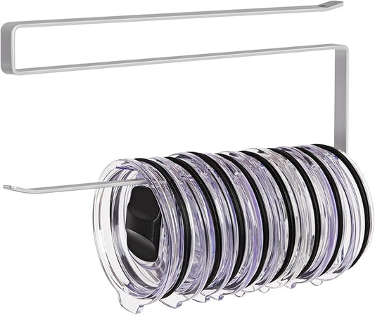 Tumbler Lid Organizer, Horizontal Tumbler Lid Storage Hook Up to 10 Lids, Space Saving Cup Lid Holders Under Cabinet Tumbler Lid Hook for Kitchen Organizer and Storage, Paper Towel Rack Hanger (Gray) by JOLENSOY