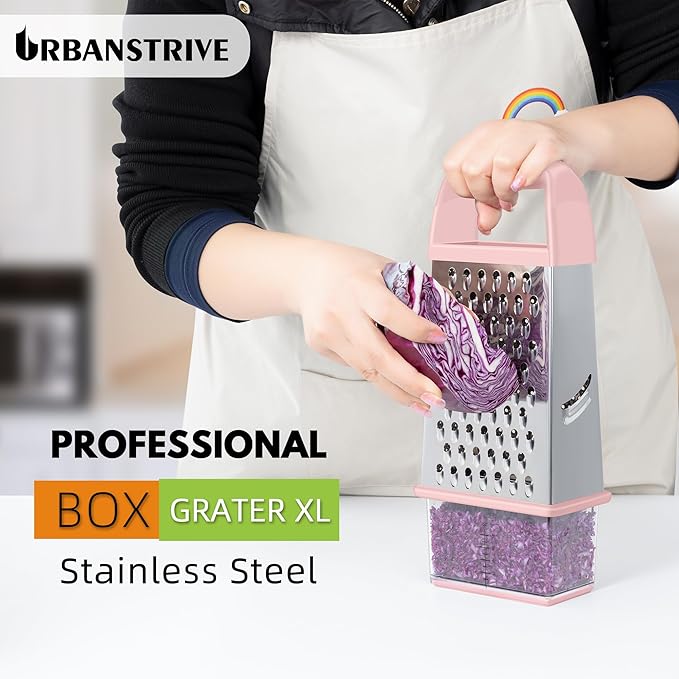 Urbanstrive Cheese Grater With Container, Professional Cheese Grater with Handle, Stainless Steel Graters for Kitchen Handheld, Box Grater with 4 Sides for Vegetables, Ginger, Potatoes (Pink) - Image 5