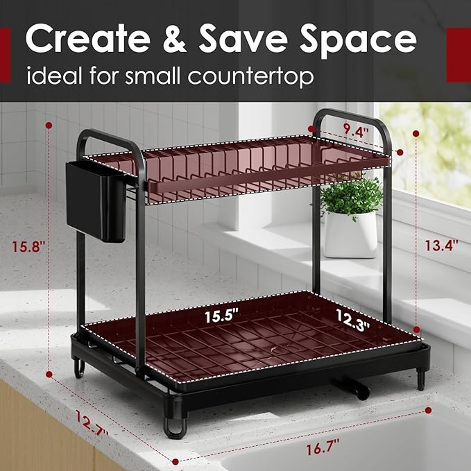 Sakugi 2-Tier Dish Drying Rack - Stainless Steel Dish Rack with Cutlery & Utensil Holders for Kitchen Counter, Sink Organization and Storage for Small Family, 16.7" W x 12.7" L x 15.8" H, Black - Image 2
