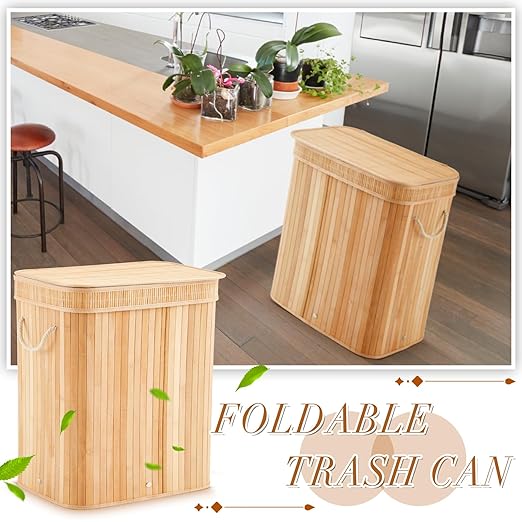 2 Pack 27 Gallon Bamboo Slim Trash Can with Lid Large Foldable Slim Rectangular Garbage Can Bamboo Waste Basket for Bathroom Bedroom Office Home Salon Spa (Wooden Color)