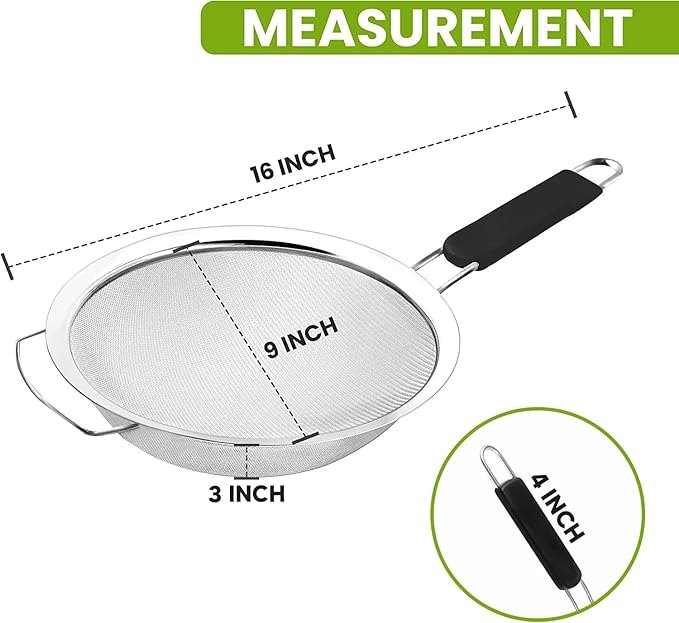 9" Large Extra Fine Mesh Strainer with Thermo Plastic Rubber Handle - Sieve Fine Mesh Stainless Steel - Ideal to Strain Pasta, Quinoa and Rice - Image 6