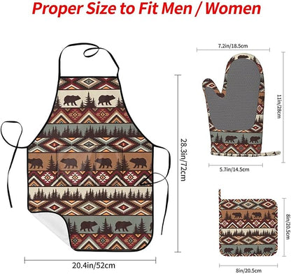 Vintage Rustic Bear Oven Mitts Bear Mountain Pot Holders Country Cabin Themed Cooking Apron Set of 5 Silicone Kitchen Glove Apron Non-Slip Heat Resistant for Chef Baking Cooking Grilling
