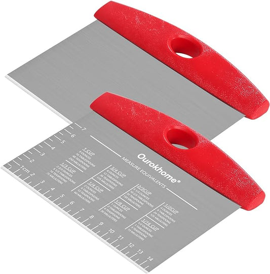 Ourokhome 2 Pack Bench Scraper Dough Cutter, Stainless Steel Dough Scraper with Laser-Etched Scale, Conversion Chart, Non-Slip Handle, Dishwasher Safe for Bread & Pastry, Red by Ourokhome