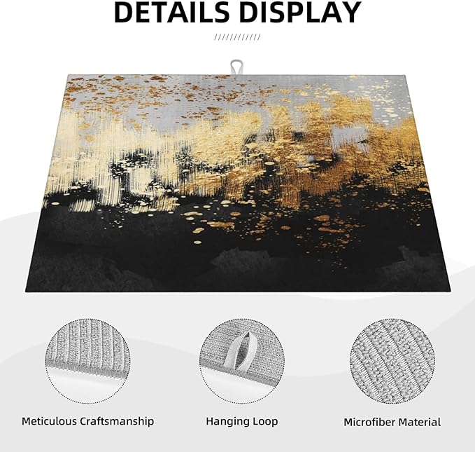 Black Gold Art Splash Dish Drying Mat for Kitchen Counter, Absorbent Microfiber Abstract Modern Drying Pad, Luxury Decorative Foldable Kitchen Mat for Sink & Coffee Bar, Black Home Decor, 18 x 24 inch