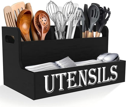 Suli Kitchen Utensils Holder, Wooden Utensil Organizer for Kitchen Countertop, Farmhouse Utensil Storage, Rustic Cooking Utensils ,4 Compartments,- Black