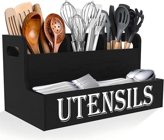 Suli Kitchen Utensils Holder, Wooden Utensil Organizer for Kitchen Countertop, Farmhouse Utensil Storage, Rustic Cooking Utensils ,4 Compartments,- Black