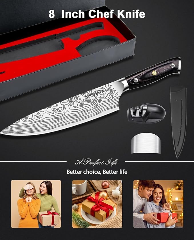 MOSFiATA 8" Super Sharp Professional Chef's Knife with Finger Guard and Knife Sharpener, German High Carbon Stainless Steel EN1.4116 with Micarta Handle and Gift Box - Image 9