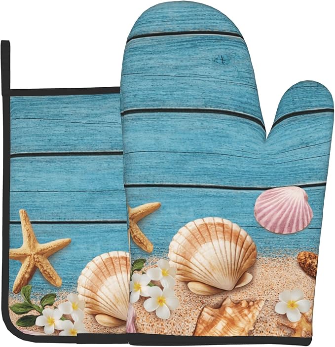 Coastal Oven Mitts and Pot Holders Sets Navy Blue Wooden Starfish Seashell Oven Glove Hot Pads for Kitchen Summer Beach Chef Gifts for Cooking Lover Cooks by DZGlobal