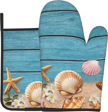Coastal Oven Mitts and Pot Holders Sets Navy Blue Wooden Starfish Seashell Oven Glove Hot Pads for Kitchen Summer Beach Chef Gifts for Cooking Lover Cooks by DZGlobal
