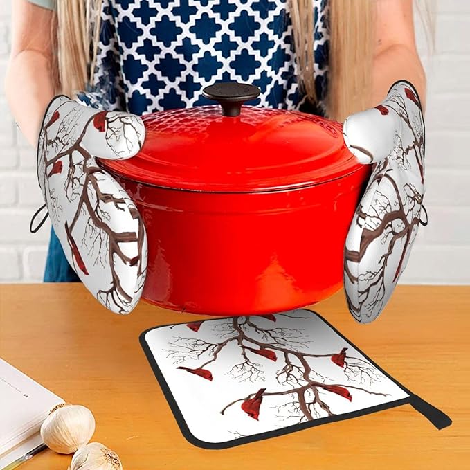 Winter Cardinal Birds Oven Mitts and Pot Holders Sets of 3 Kitchen Hot Pads Oven Gloves Heat Resistant Washable for Cooking Grilling Baking Christmas Holiday Kitchen Decor Cardinal Gifts for Women - Image 7
