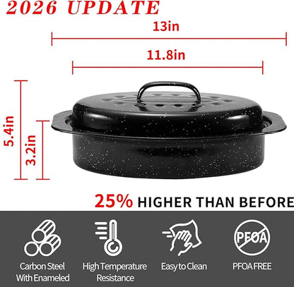 13” Granite Roasting Pan,Enameled Oval Roasting Pan with Domed Lid, Oval Turkey Roaster Pot, Broiler Pan Great - For Roasted Turkey, Chicken, Lamb, Vegetables 2026 Update