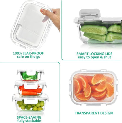 KOMUEE 24 Pieces Glass Food Storage Containers Set, Meal Prep Containers, BPA-Free Airtight Glass Storage Containers with lids,Freezer, Microwave and Oven Safe,White
