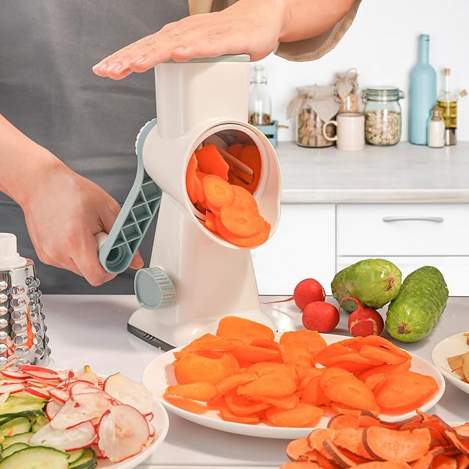 Cheese Grater Hand Crank Rotary Vegetables Shredder with Handle, 3-in-1 Graters with Interchangeable Blades and Non-slip Base Multifunctional Slicer for Kitchen - Image 7