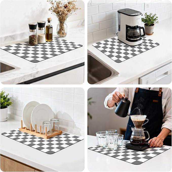 16" x 24" Checkered Dish Drying Mat for Kitchen Counter, Absorbent Coffee Bar Mat for Espresso Machine Coffee Countertops Accessories, Grey - Image 8