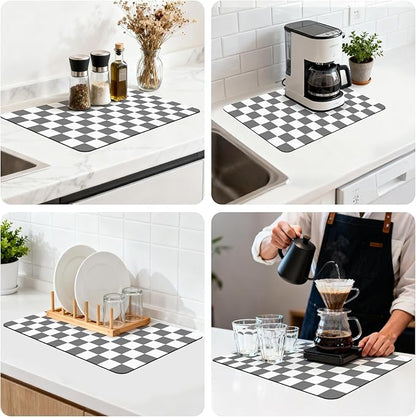 12" x 20" Checkered Dish Drying Mat for Kitchen Counter, Absorbent Coffee Bar Mat for Espresso Machine Coffee Countertops Accessories, Grey - Image 8