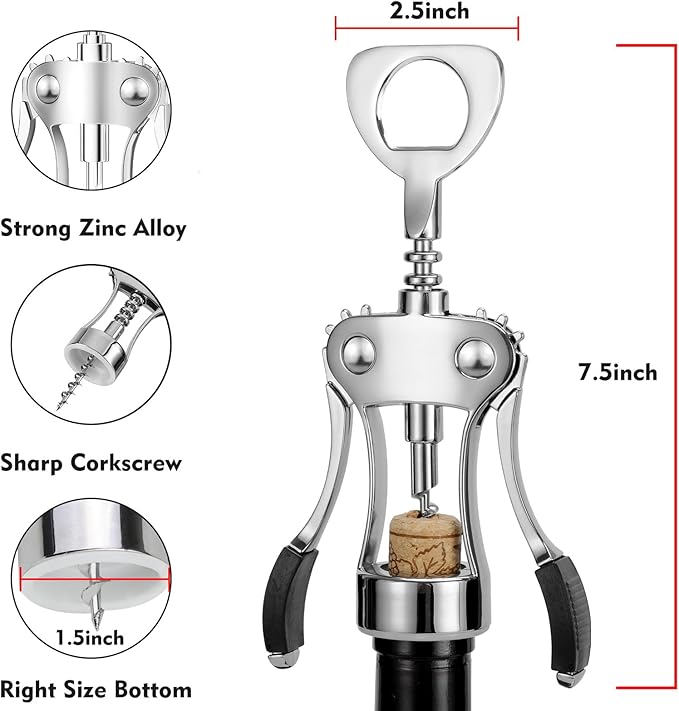 Wine Opener with Stopper, Cutter - Wine Bottle Opener Bundle, Zinc Alloy Wing Corkscrew Heavy Duty, Cork Screw Beer Opener for Bartenders, Multifunctional Bottle Opener for Kitchen, Restaurant, Bar - Image 2