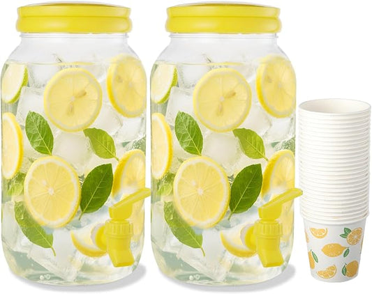 2 Pcs Plastic Beverage Dispenser with Spigot and 40 Pcs Lemon Paper Party Cups Kitchen Fridge Clear Plastic Drink Summer Beverage Dispenser for Summer Parties Water Lemon Juice Tea Beer